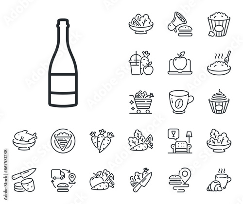 Anniversary alcohol sign. Crepe, sweet popcorn and salad outline icons. Champagne bottle line icon. Celebration event drink. Champagne bottle line sign. Pasta spaghetti, fresh juice icon. Vector