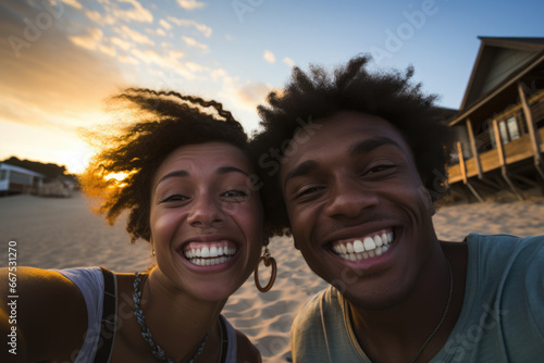 Picture of man and woman capturing selfie moment on beautiful beach. Ideal for travel, vacation, and social media concepts