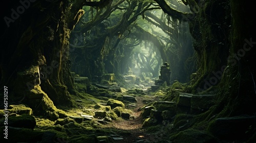 An ancient forest  with moss-covered trees and a soft  dappled light filtering through the canopy.