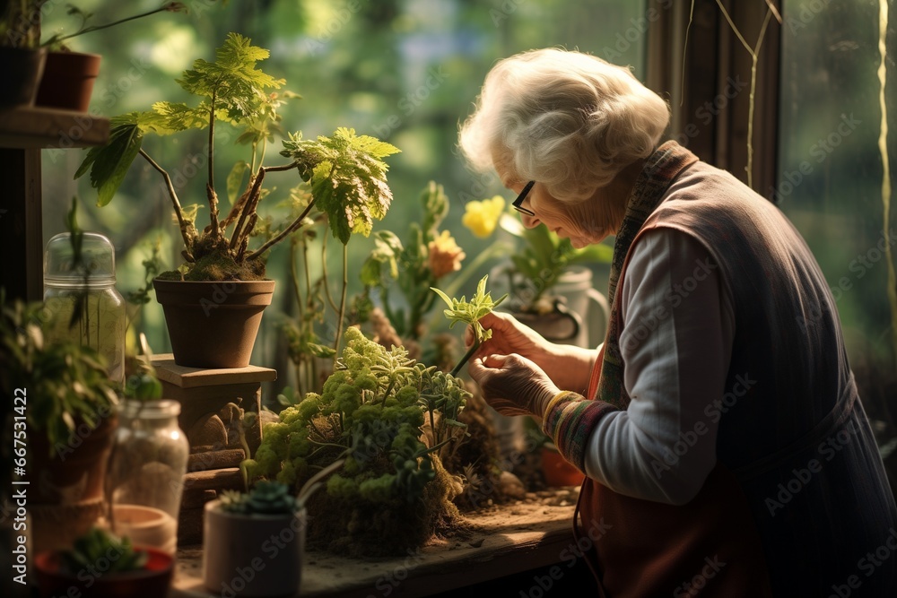 Fototapeta premium Grandma is planting flowers.