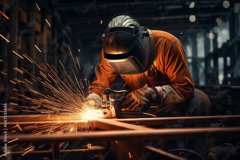Worker near orange sparks Worker near orange sparks