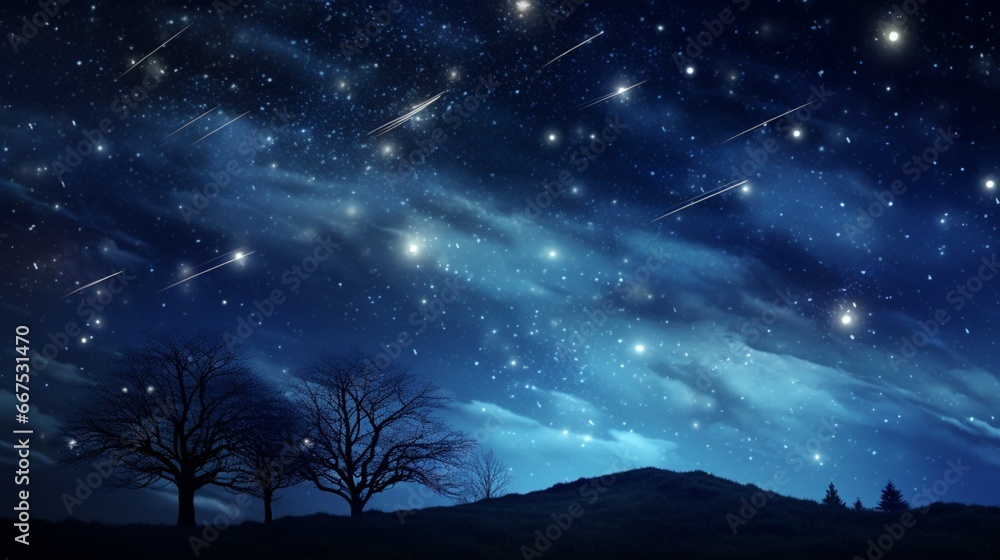 An enchanting night sky, the Milky Way stretching across, with shooting stars making fleeting appearances.