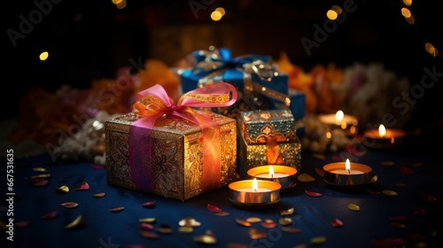 Diwali Deepavali, gift boxes and glowing candle lights. Happy Diwali background, web banner. Diwali Hindu festival of lights celebration. Colorful traditional Diwali gifts photo