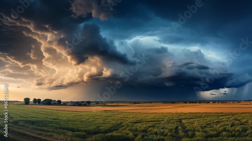 An expansive view of rolling meadows under a dramatic cloud-filled sky  hinting at an approaching storm.