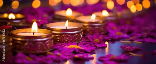 Happy Diwali background, web banner. Diwali Hindu festival of lights celebration. Colorful traditional Diwali red and purple oil Clay Diya lamps and flowers on bokeh lights background, web banner