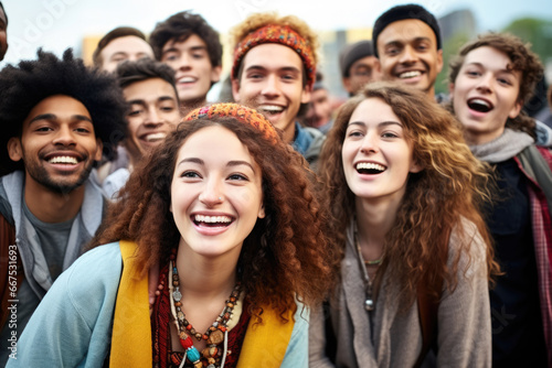 Group of young people standing next to each other. Suitable for various social and community themes