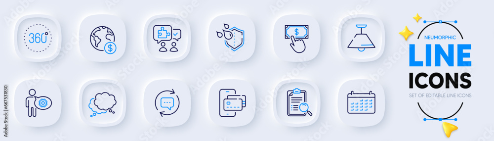 Speech bubble, Puzzle and Update comments line icons for web app. Pack of Calendar, 360 degrees, Phone pay pictogram icons. Ceiling lamp, Cogwheel, Waterproof signs. Global business. Vector