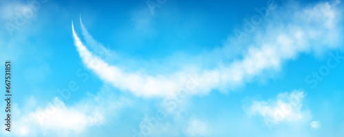Air speed plane smoke trail with cloud vector line. 3d white vapor airplane flight condensation fog. Realistic jet vapour track with steam. Gas explosion trace motion in space. Smoky aviation flow