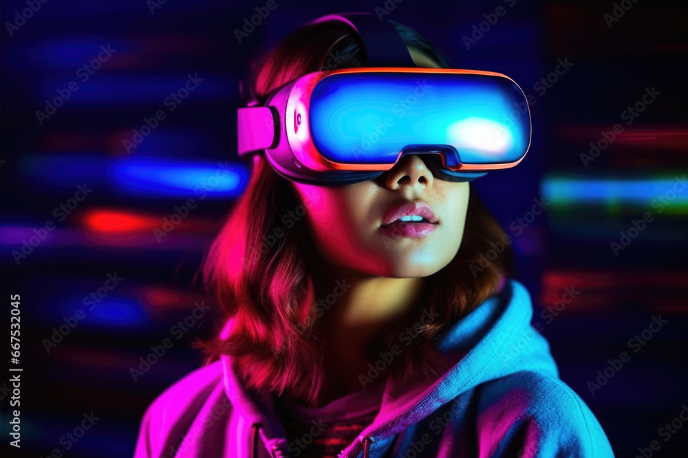 Woman is pictured wearing virtual reality headset. This image can be used to depict technology, gaming, or virtual reality experiences Woman is pictured wearing virtual reality headset. This image can be used to depict technology, gaming, or virtual reality experiences