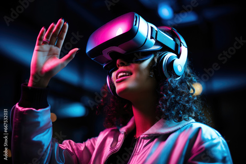 Woman is pictured wearing virtual reality headset in dark room. This image can be used to illustrate concept of virtual reality technology or gaming experiences. © vefimov