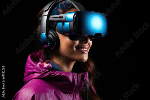 Woman wearing pair of virtual reality headsets. Perfect for illustrating technology and innovation.