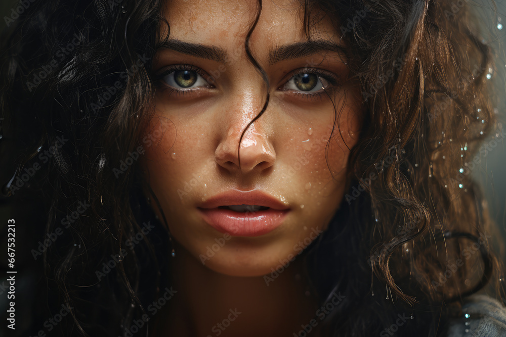 Close up view of woman with wet hair. This image can be used to depict various scenarios related to water, beauty, freshness, or showering Close up view of woman with wet hair. This image can be used to depict various scenarios related to water, beauty, freshness, or showering