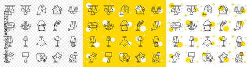 Spotlight led, Table Lamp and Floor Light. Lamps line icons. Modern chandelier, Electric light illuminate and Wall lamp icons. Lightbulb info, stand lamp and street light. Wall sconce. Vector