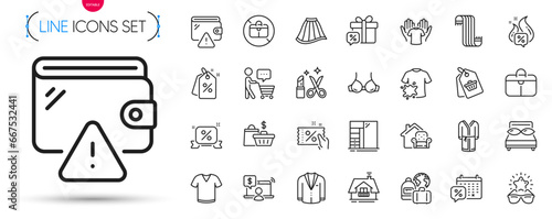 Pack of Discount coupon, Sale gift and Dirty t-shirt line icons. Include Discounts ribbon, Online shopping, Buyer think pictogram icons. Suit, Wallet, Balcony signs. T-shirt. Vector