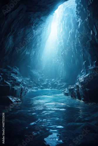 A picture of a dark cave with a bright light shining out of it. This image can be used to depict discovery, enlightenment, or a metaphor for finding a way out of darkness.
