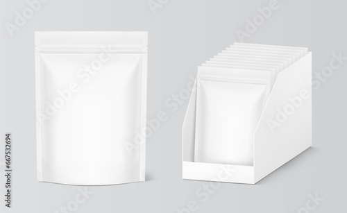 Pouch bag multipack mockup. Different view. Vector illustration isolated on grey background. Screen mode overlay, it's easy to make a realistic mockup of your product. EPS10.