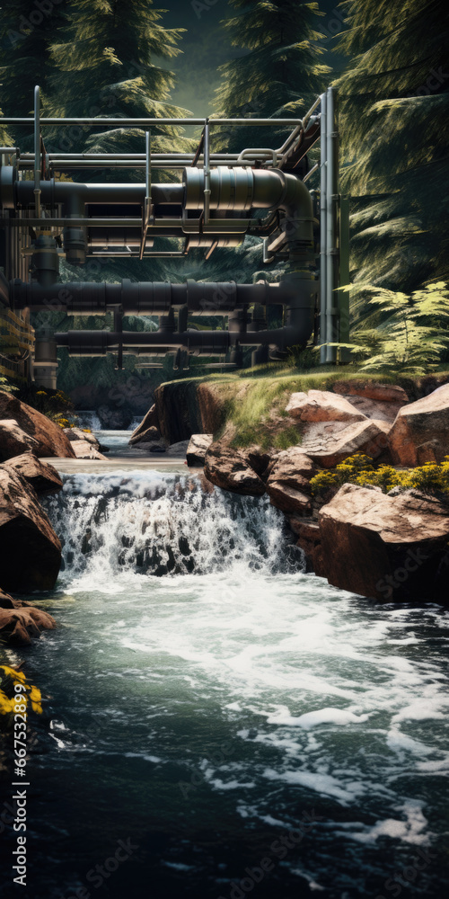 Naklejka premium A picture of a stream running through a lush green forest. This image can be used to depict the tranquility and beauty of nature.
