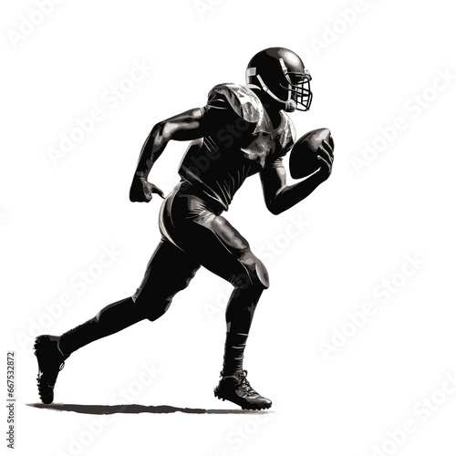 Black silhouette of a male American football athlete in-game action, throwing the football, running, passing, receiving, tackling, blocking, punting, intercepting the ball