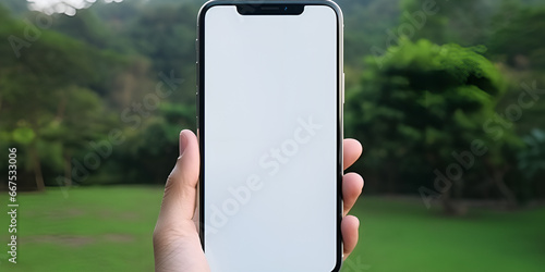 Man, Hand, Holding, Cell phone, Smartphone, Blank screen, Mockup, Park, Green, Nature, Outdoors, Technology, Communication, Wireless, Mobile, Digital, Device, Connection, Lifestyle, Touchscreen, Recce photo