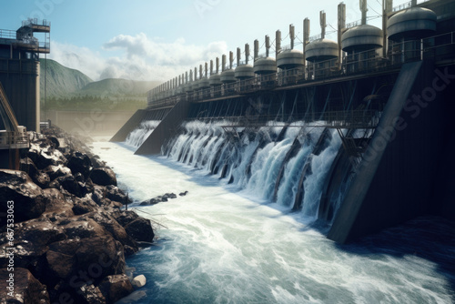 A picture of a large dam with water flowing over it. This image can be used to depict the power and beauty of nature, as well as engineering and infrastructure projects. photo
