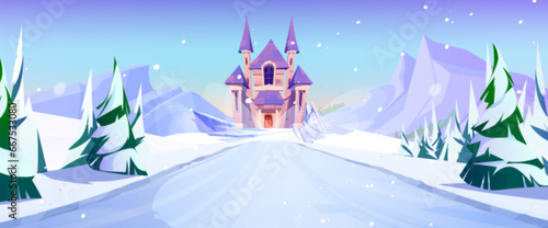 Winter frozen road to magic castle background. Fairy tale kingdom palace for princess in pine forest with falling snow. Nature fairytale landscape with medieval fortress architecture and pathway