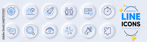 Puzzle, Megaphone and Info line icons for web app. Pack of Time management, Stress, Power pictogram icons. Vr, Manual, Decreasing graph signs. Startup rocket, Discrimination, Timer. Vector