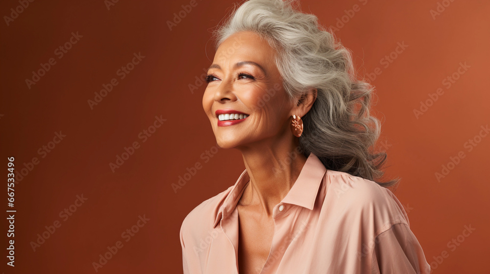 Happy and smiling attractive beauty caucasian senior woman, isolated on plain background studio portrait