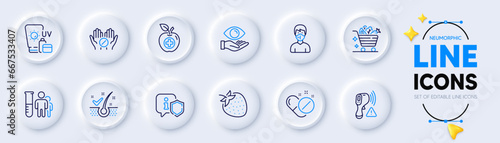 Medical food, Medical analyzes and Electronic thermometer line icons for web app. Pack of Health eye, Anti-dandruff flakes, Strawberry pictogram icons. Vegetables cart, Shield, Sunscreen signs. Vector