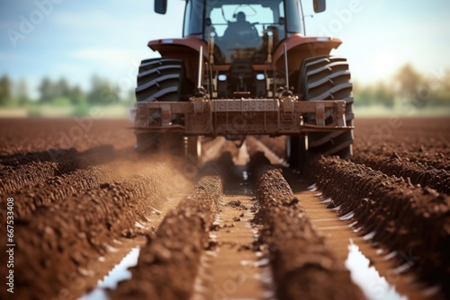 A tractor is seen plowing a field with dirt. This image can be used to depict agricultural activities or farming practices.