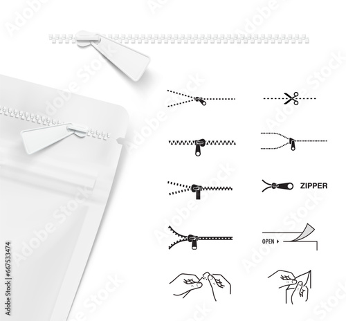 A set of realistic vector zipper mockup and icons for zippers. Vector illustration ready to use on white background. Easy to use for presentation your product, idea, design. EPS10.
