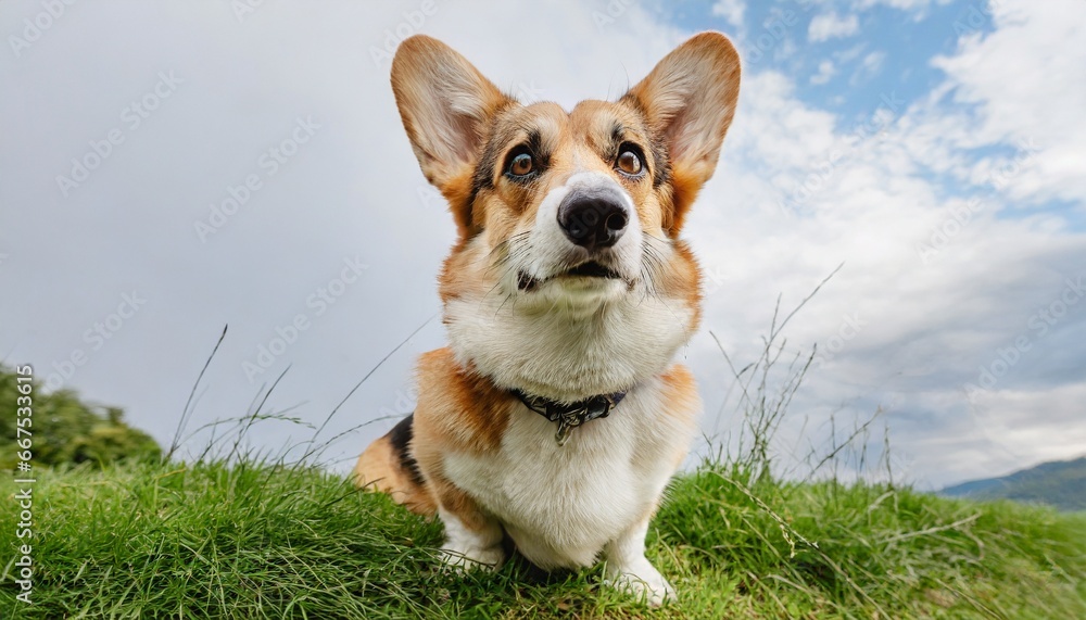 A corgi dog sitting in a grass field looking up A corgi dog sitting in a grass field looking up