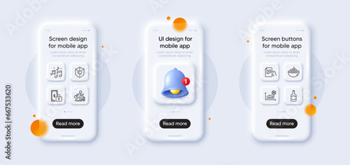Private payment, 5g statistics and Car rental line icons pack. 3d phone mockups with bell alert. Glass smartphone screen. Hold document, Music, Pasta web icon. Vector