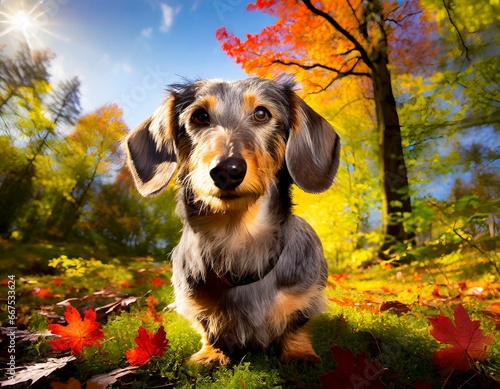 A rough-coated dachshund in autumn-colored nature photo