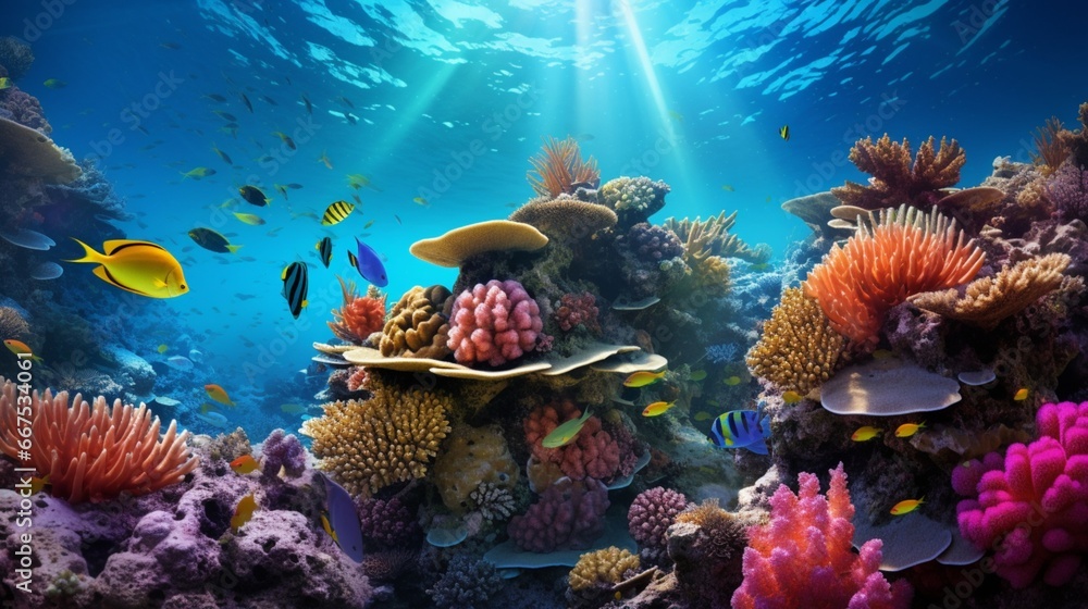 An underwater view of a coral reef teeming with colorful fish and marine life.
