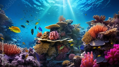 An underwater view of a coral reef teeming with colorful fish and marine life. © baloch