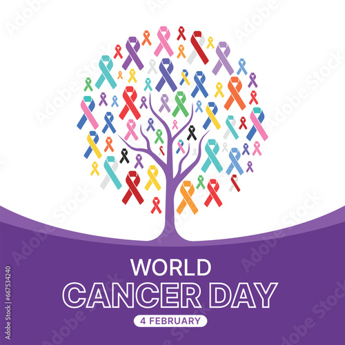 World Cancer Day - Tree with set of ribbons of different colors against cancer leaves on purple floor vector design