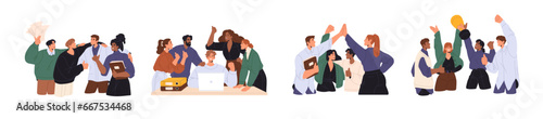 Coworkers congratulate team set. Diverse business groups celebrate corporate success. Happy people, workers rejoice at best deal together. Flat isolated vector illustration on white background