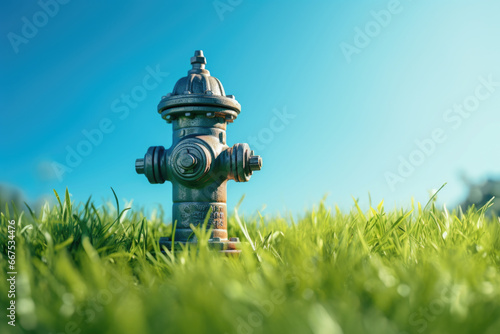 A fire hydrant standing in the middle of a peaceful grassy field. This image can be used to represent safety measures, emergency preparedness, or urban infrastructure.