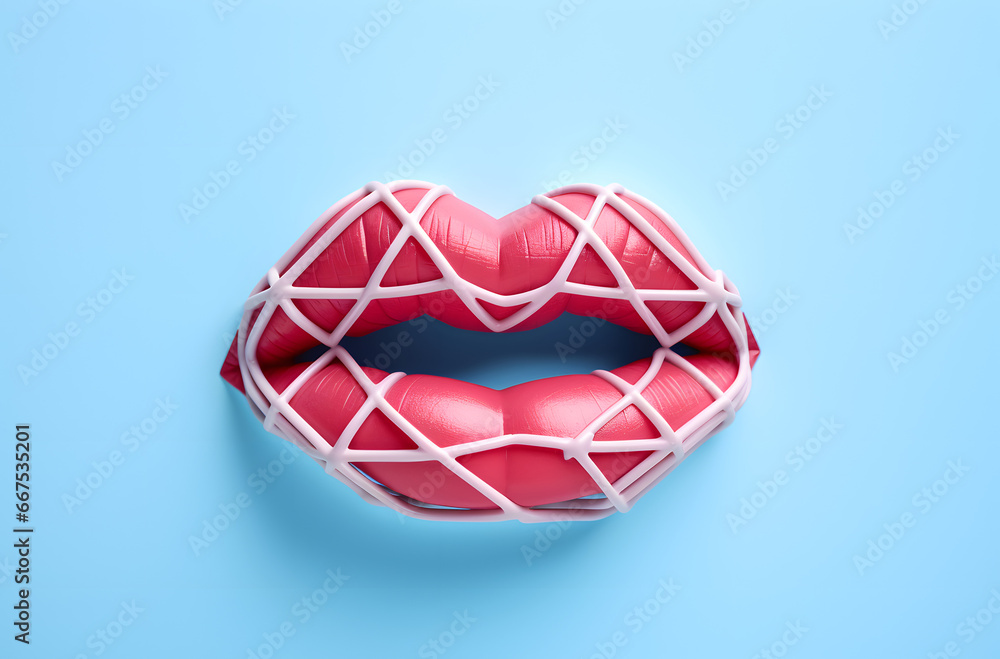 Sensual feminine juicy lips wrapped in rope on pastel blue background. Love theme. Valentine's concept Sensual feminine juicy lips wrapped in rope on pastel blue background. Love theme. Valentine's concept