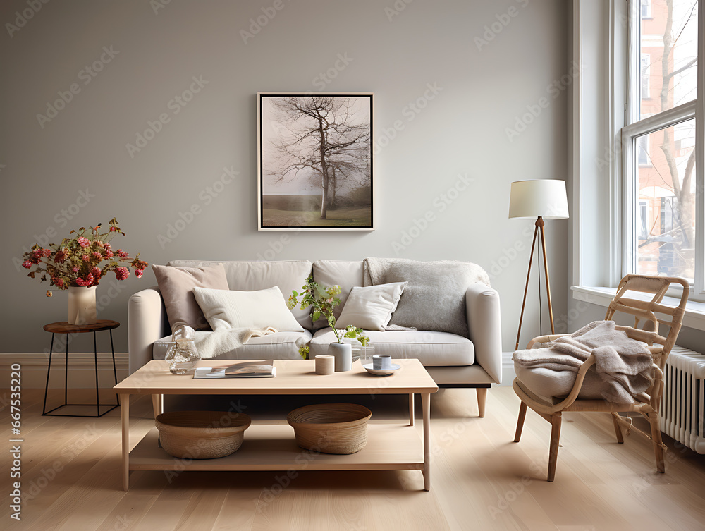 Scandinavian Living Room with Birch Flooring and Pearl Gray Walls