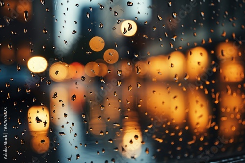 Raindrops on the glass with bokeh background of the city