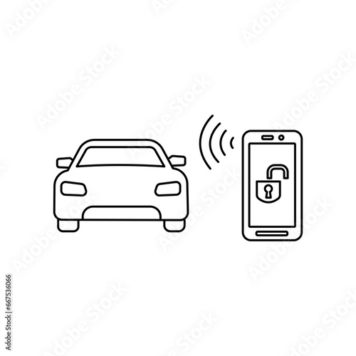 Car key in smartphone icon, using smart lock application, automatic locking or open door in vehicle, phone nfc technology, close auto, thin line symbol on white background - editable stroke vector