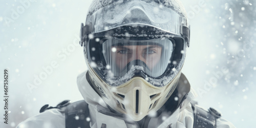 A man wearing a helmet and goggles is pictured in the snow. This image can be used to showcase winter sports or outdoor activities in snowy conditions