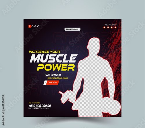 Fitness Instagram gym social media post template, Fitness gym social media banner template set for advertisement. Geometric abstract pattern frame and background layout, Promotional square web banner 