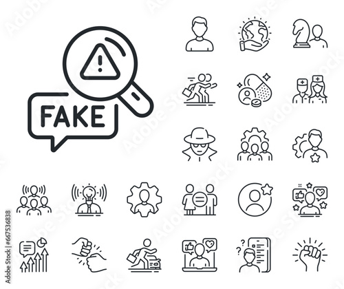 Propaganda conspiracy sign. Specialist, doctor and job competition outline icons. Fake news line icon. Check wrong truth symbol. Fake news line sign. Avatar placeholder, spy headshot icon. Vector