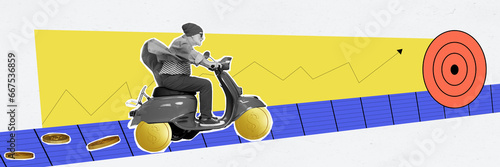 Panorama creative composite photo collage of elderly man drive motorcicle with coin wheels ride on aim isolated painted background photo