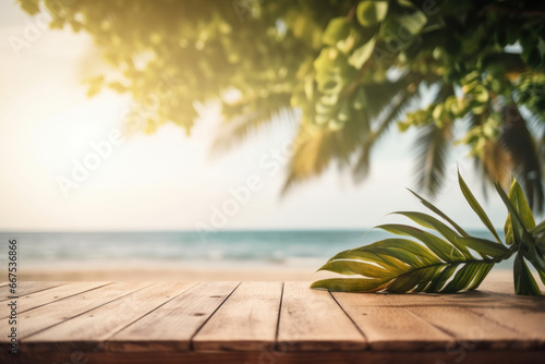 Escape to paradise with picturesque coastal landscape  natural beauty and tranquility. Wooden table overlooking beach. AI Generative.