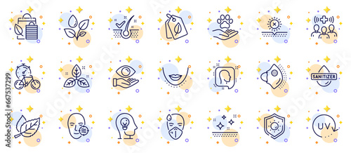 Outline set of Leaf, Fair trade and Medical mask line icons for web app. Include No sun, Sun protection, Medical staff pictogram icons. Pets care, Mental health, Health eye signs. Head. Vector