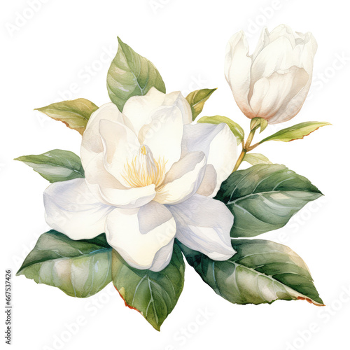 Watercolor Gardenia hand drawn illustration, white isolated on white background