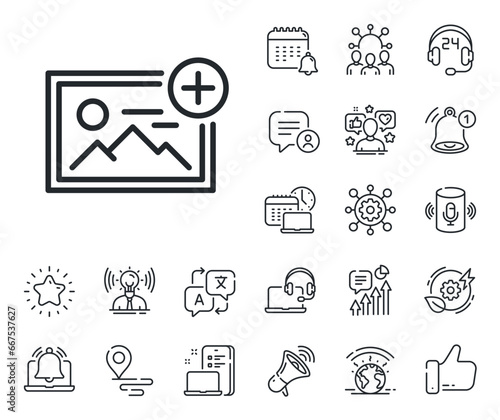 Image thumbnail sign. Place location, technology and smart speaker outline icons. Add photo line icon. Picture placeholder symbol. Add photo line sign. Influencer, brand ambassador icon. Vector